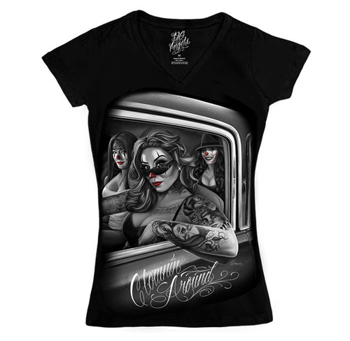 DGA David Gonzales Art Clownin Around Tattoo Punk Ladies V Neck Shirt S-2X DGA David Gonzales Art Clownin Around Tattoo Punk Ladies V Neck Shirt S-2X