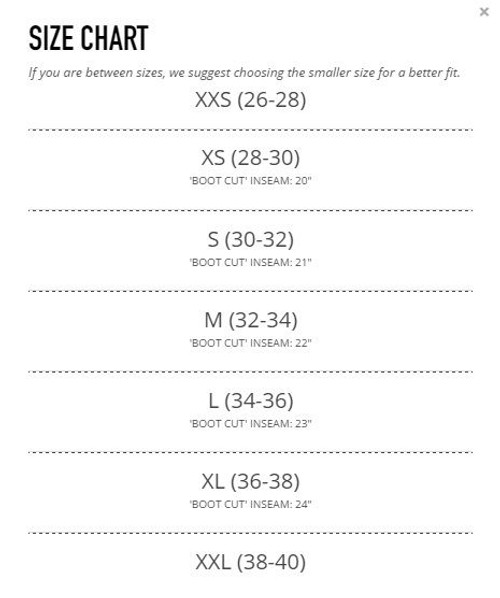 Weekday Size Chart