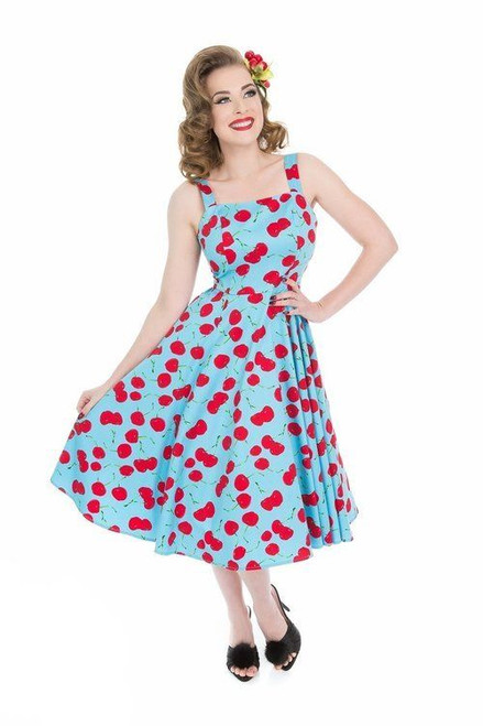 H&R London Martina Sundress Blue Red Cherries Retro 50's Style Pinup Rockabilly H&R London Martina Sundress Blue Red Cherries Retro 50's Style Pinup Rockabilly