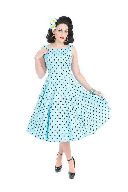H&R London Caprice Day Dress Sky Blue Black Polka Dots Retro 1950's Pinup Style H&R London Caprice Day Dress Sky Blue Black Polka Dots Retro 1950's Pinup Style