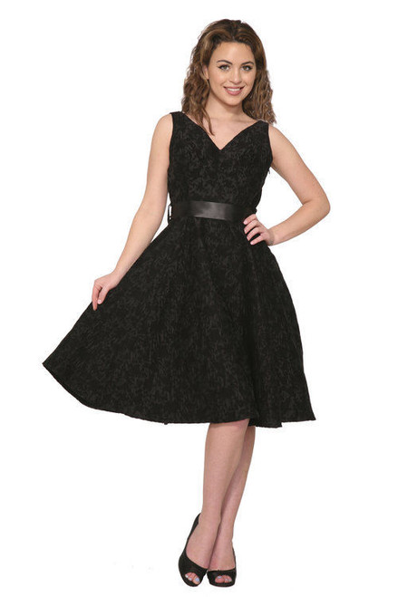 H&R London Phillippa Evening Cocktail Dress Black V-Neck Floral 1950's Style H&R London Phillippa Evening Cocktail Dress Black V-Neck Floral 1950's Style