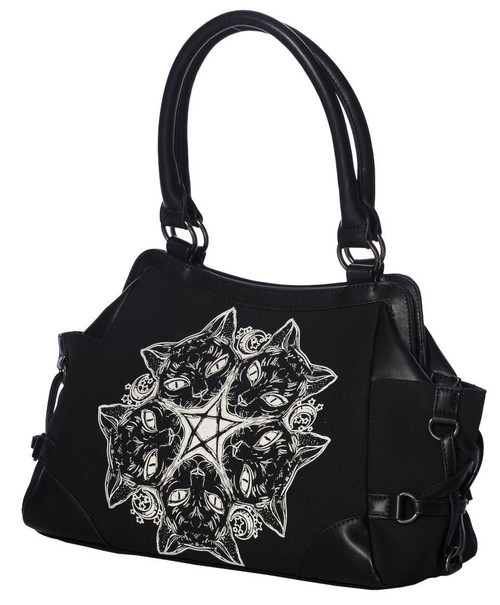 Lost Queen Kitty Cat Punk Pentagram Moon Gothic Handbag Purse BG7245/BLK