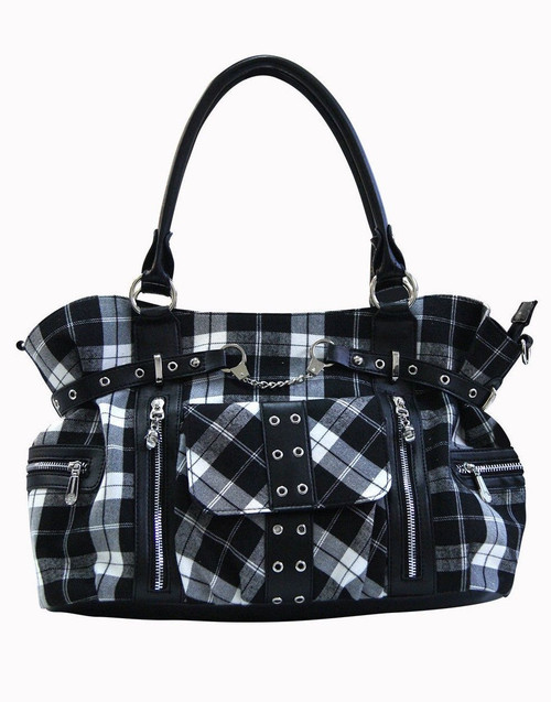 Lost Queen Rise Up Black Tartan Handcuff Gothic Punk Bag Purse BBN755BLK/WHT Lost Queen Rise Up Black Tartan Handcuff Gothic Punk Bag Purse BBN755BLK/WHT