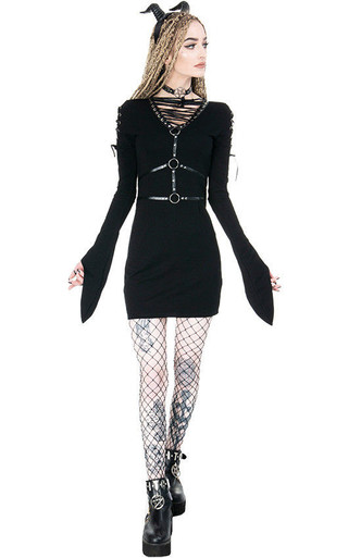 Harness black dress with basquine, leather straps, o-rings, witch