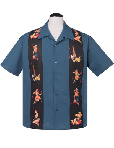 Steady Clothing Multi Pinup Girls Blue Panel Button Down Bowling Shirt ST35368 - M