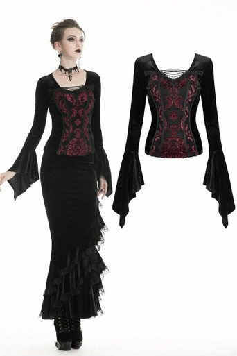 Dark in Love Gothic Victorian Velvet Embroidered Blouse Bell Sleeve Top ...