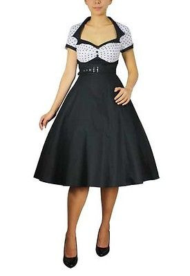 Black White Polka Dot Flair Dress Retro Belted Vintage 50s Style Pinup - 14-16 XL