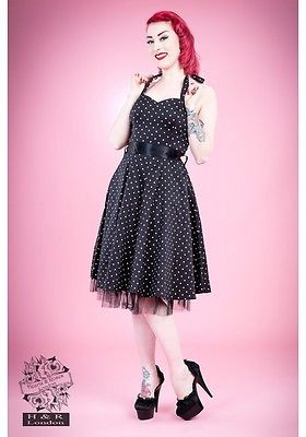 H&R LONDON Black WHT SMALL DOT COCKTAIL HALTER 50s PINUP PUNK VINTAGE PROM DRESS - 3XL