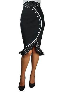 RUFFLES Black HIGH WAIST ROCKABILLY PIN UP RUFFLED POLKA DOT PENCIL SKIRT DRESS - Plus Size 28