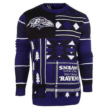 UGLY CHRISTMAS SWEATER NFL BALTIMORE RAVENS PATCHES FOOTBALL XMAS CREW NECK  - Fearless Apparel