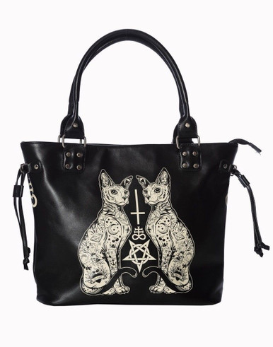 Lost Queen Women's Purse Handbag Shoulder Bag | Gothic Dark Goth Victorian (Black Cats Lunar Sisters)