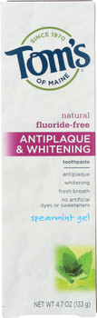 Toms Of Maine: Fluoride-free Antiplaque & Whitening Toothpaste Spearmint Gel, 4.7 Oz