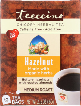 Teeccino: Chicory Herbal Tea Medium Roast Caffeine Free Hazelnut 10 Tea Bags, 2.12 Oz