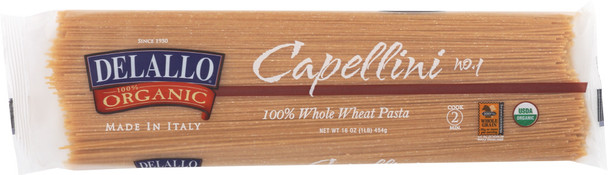 Delallo: Organic Pasta Capellini Whole Wheat No.1, 16 Oz