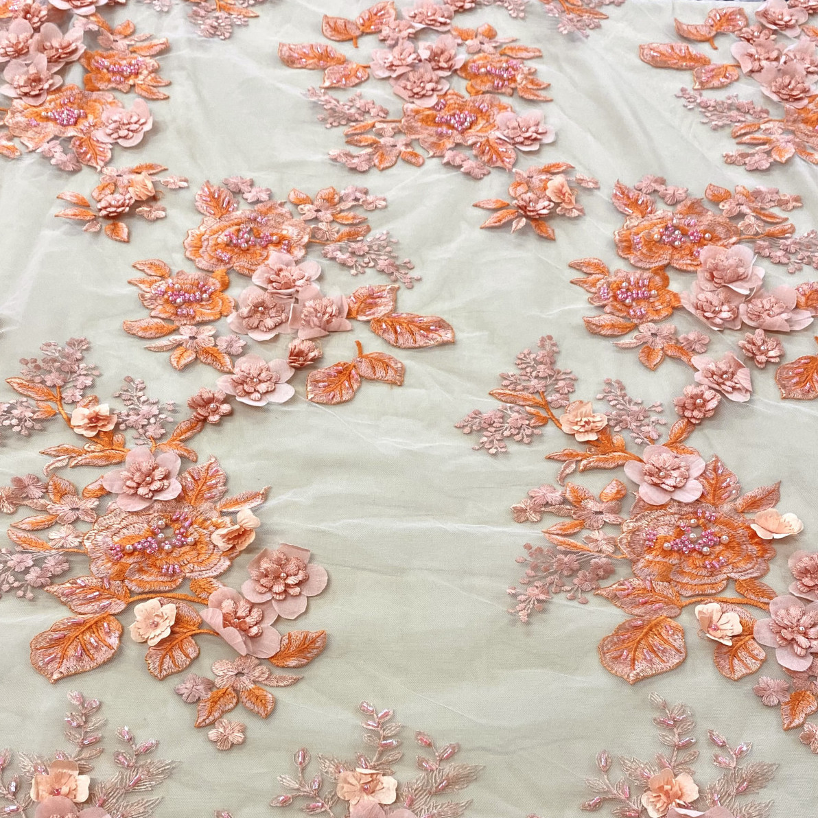 Coral Paradise Embroidered and Beaded Tulle | G Street Fabrics