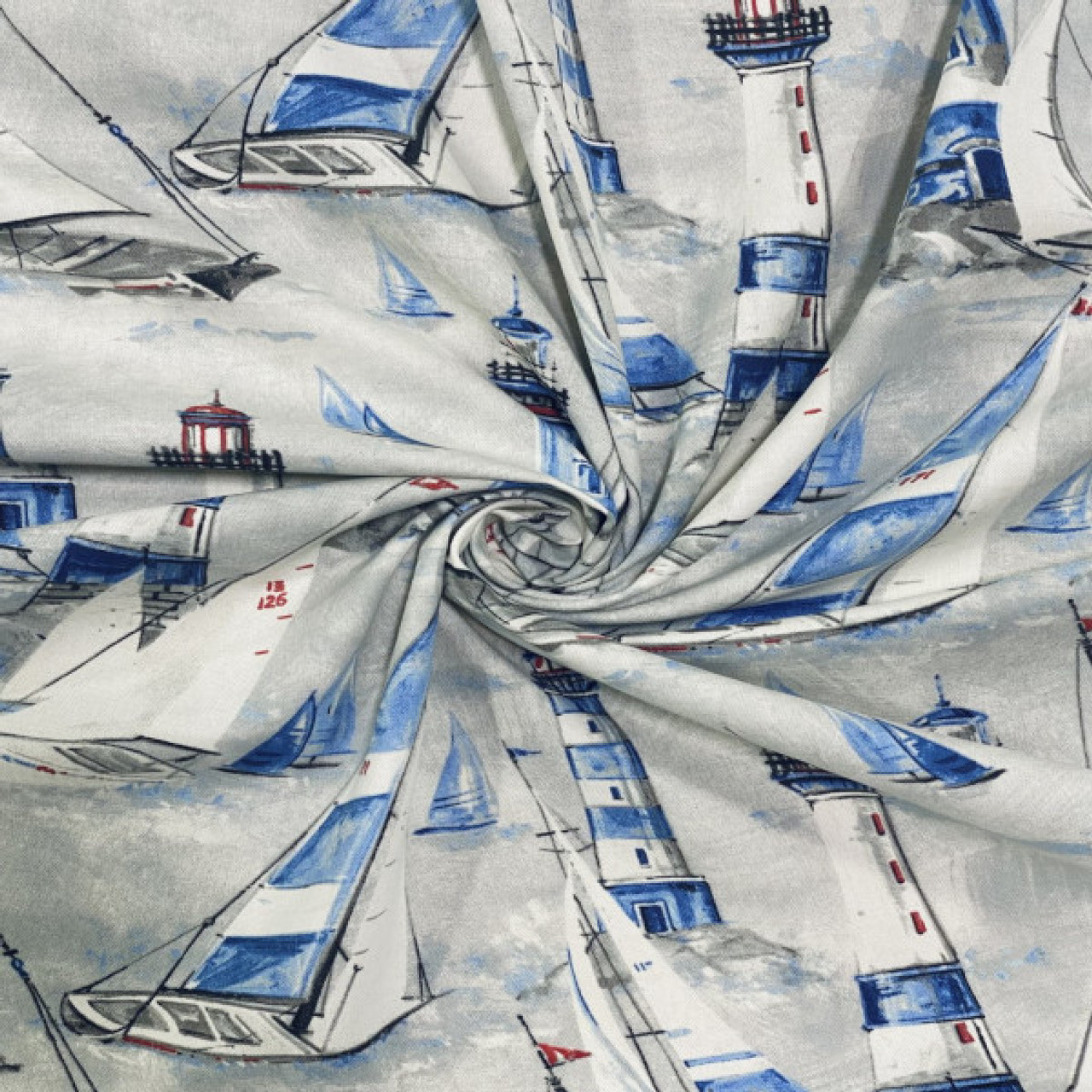 Lighthouse And Sail Boats Woven Novelty Upholstery Fabric By The