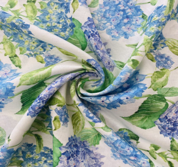 Digital Linen Print - Hydrangea Floral - Sold in 1/2 yards.