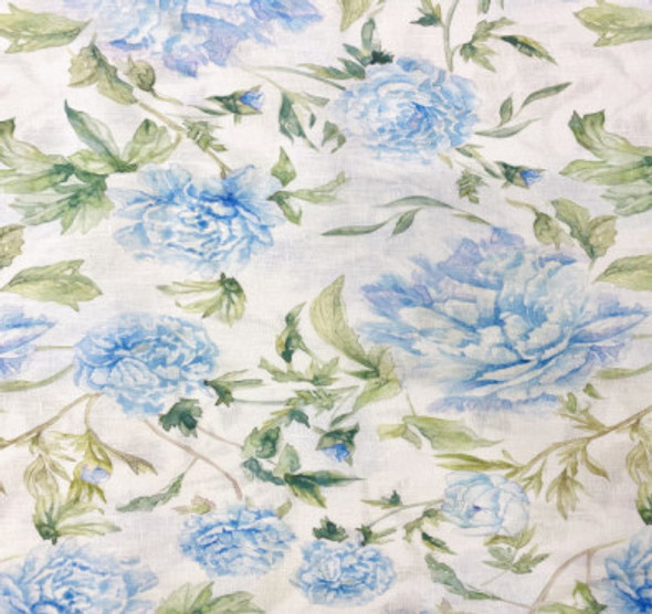 Digital Linen Print - Blue Rose Floral- Sold in 1/2 yards.