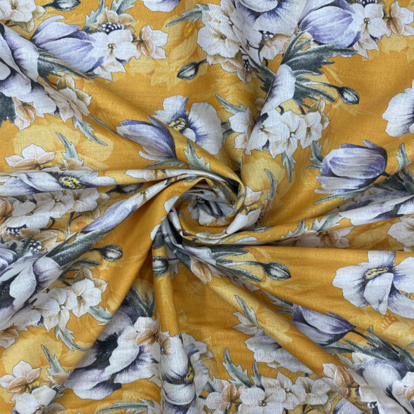 Cotton Lawn Print - Mustard Peach Cream and Sage Purple Magnolia Floral 192554AS