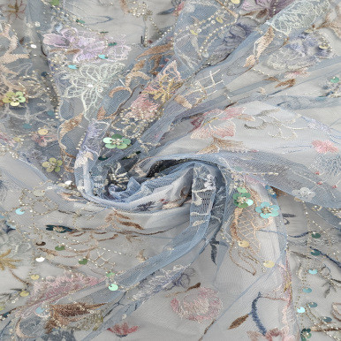 Beaded Embroidered Tulle - Azul Gris