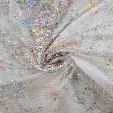 Beaded and Embroidered Tulle - Bisque