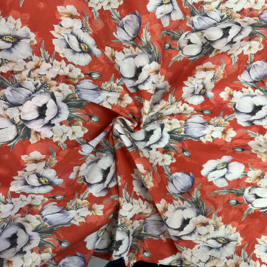 Pure Cotton Lawn Print - White Blue Flower in Orange 192554AR