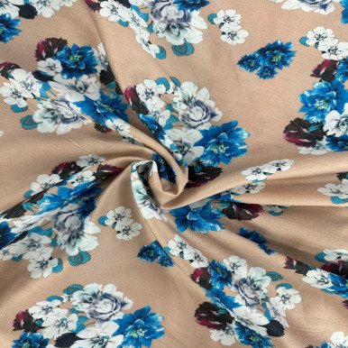 Pure Cotton Lawn Print - White Blue Flower in Brown 192554BH1