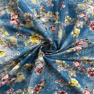 Pure Cotton Lawn Print - Yellow Red Flower in Blue 192554BJ
