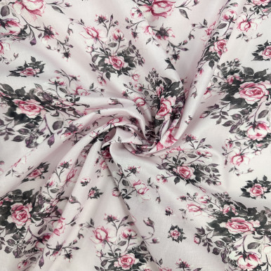 Pure Cotton Lawn Print - Pink Flower in White 192554DF