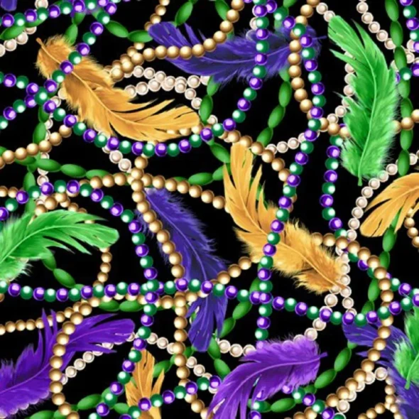 Mardi Grass Feathers and Beads on Black 223707PL