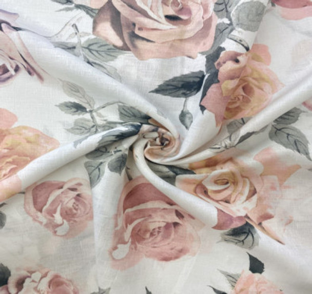 Digital Linen Print - Rose Floral- Sold in 1/2 yards.