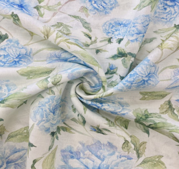 Digital Linen Print - Blue Rose Floral- Sold in 1/2 yards.