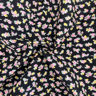 Pure Cotton Lawn Print - Pink Yellow Flower in Black 192554AA