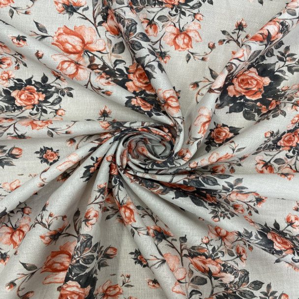 Cotton Lawn Print - Coral Floral on Grey 192554BE