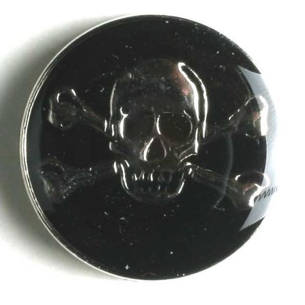 Pirate Skull Round Black and Silver Full Metal Enameled Button