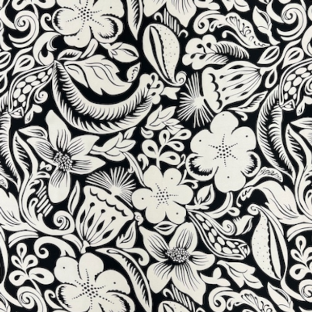 Printed Silk Charmeuse - Floral Pod / White on Black 208542BJ