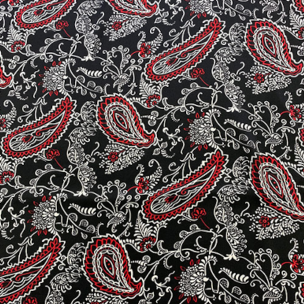 Printed Silk Charmeuse - Paisley Vine Red and White on Black 208542BN