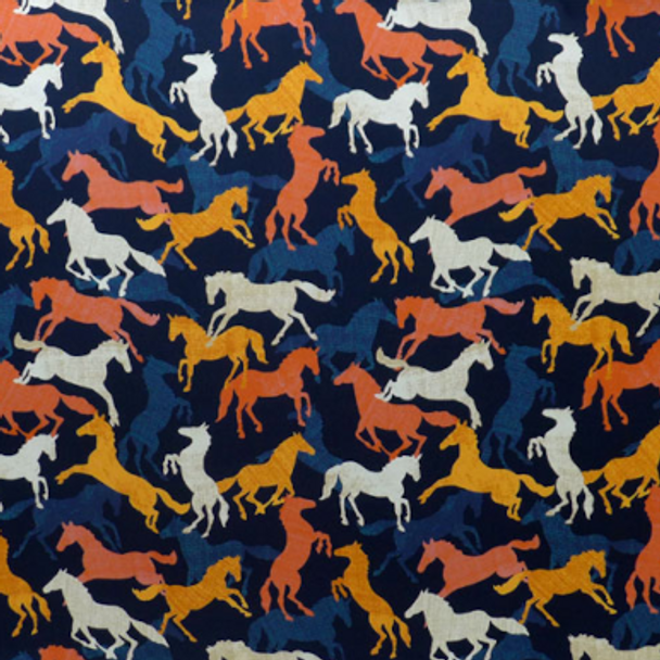 Printed Silk Charmeuse - Wild Horses Rust, Blue and Ivory on Black 208542BY