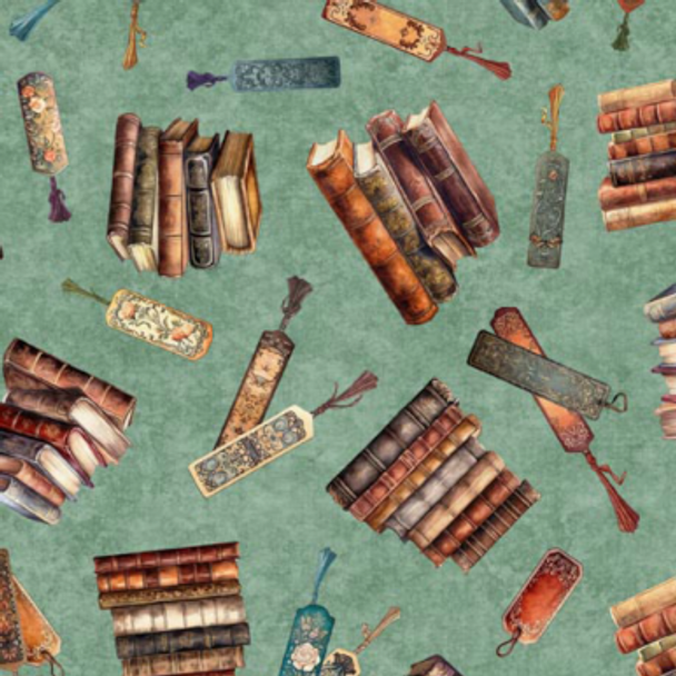Pure Cotton Prints - Bookworm  - Stacked Book Toss Dark Sage 209925JW