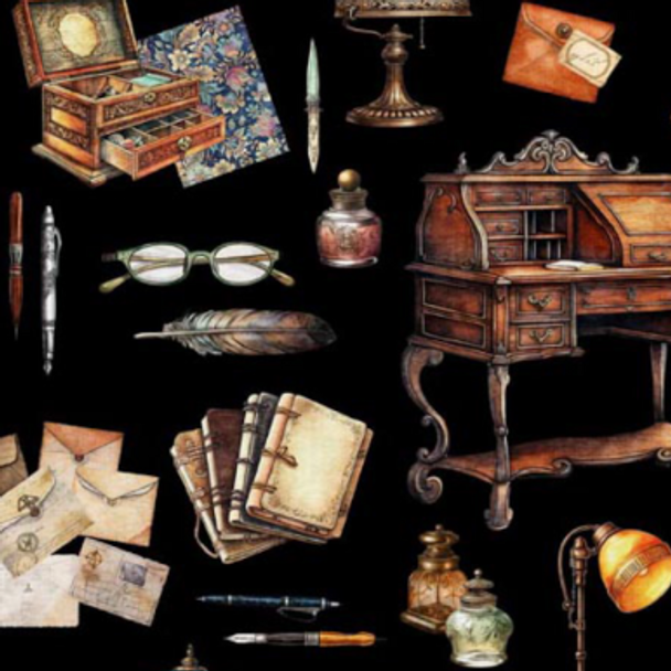 Pure Cotton Prints - Bookworm  - Writing Desk & Motifs Toss Black 209925KA