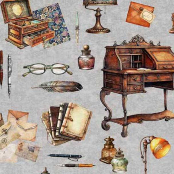 Pure Cotton Prints - Bookworm  - Writing Desk & Motifs Toss Gray 209925KB