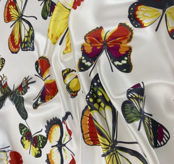 Printed Silk Charmeuse - Large Butterflies White 208542L
