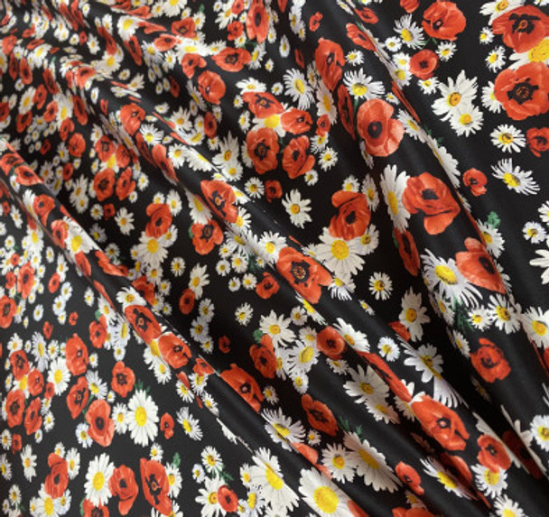 Printed Silk Charmeuse - Poppies and Daisies on Black 208542AZ