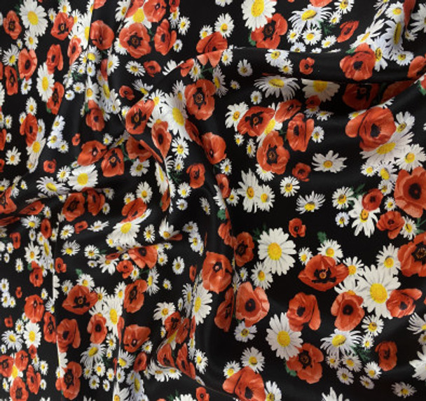 Printed Silk Charmeuse - Poppies and Daisies on Black 208542AZ