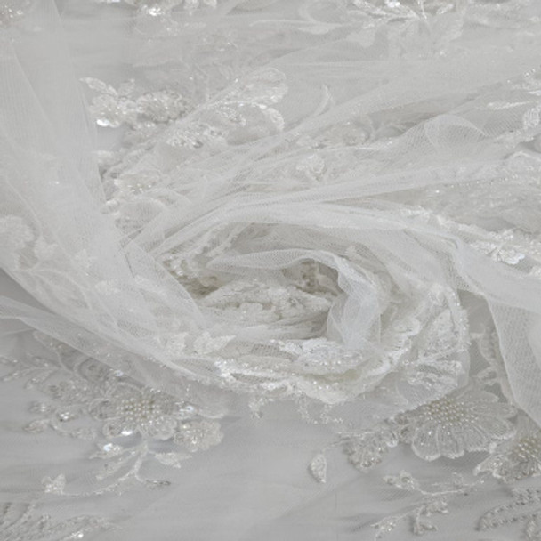 Beaded and Embroidered Tulle White 203441A