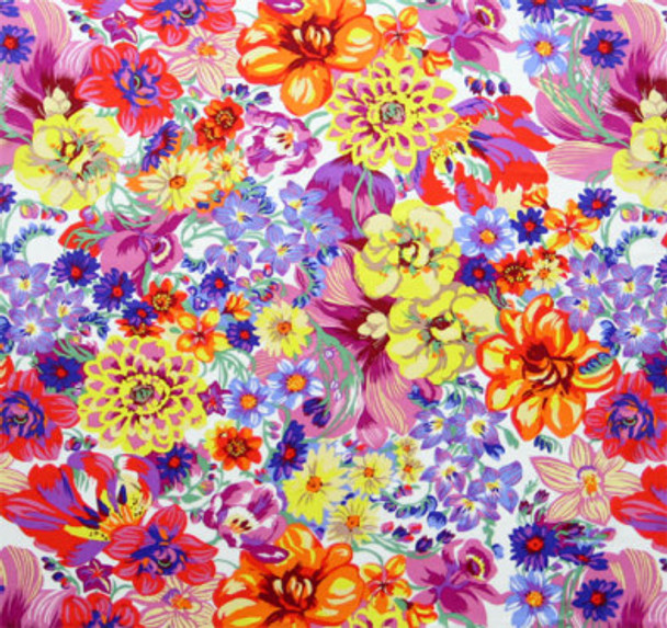 Printed Silk Charmeuse - Warm Floral Bouquet Pink Yellow Orange Lavender Purple 246558D