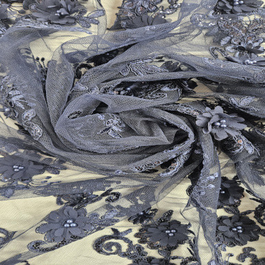 Beaded Embroidered Tulle - Marine