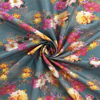 Pure Cotton Lawn Print - Pink Yellow Flower in Blue 192554BE