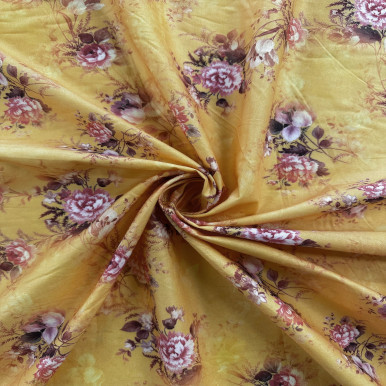 Pure Cotton Lawn Print - Pink Flower in Yellow 192554BK
