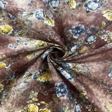 Pure Cotton Lawn Print - Blue Yellow Flower in Brown 192554BP